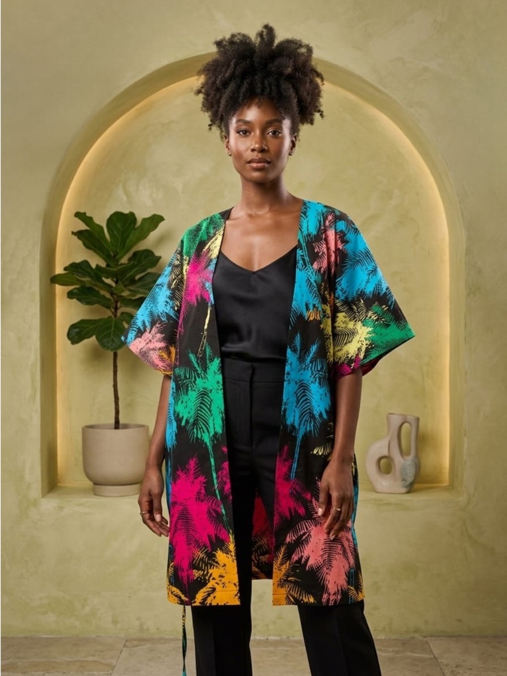 Black Midi Kimono with Multicolor Tropical Palm Print and side drawstring